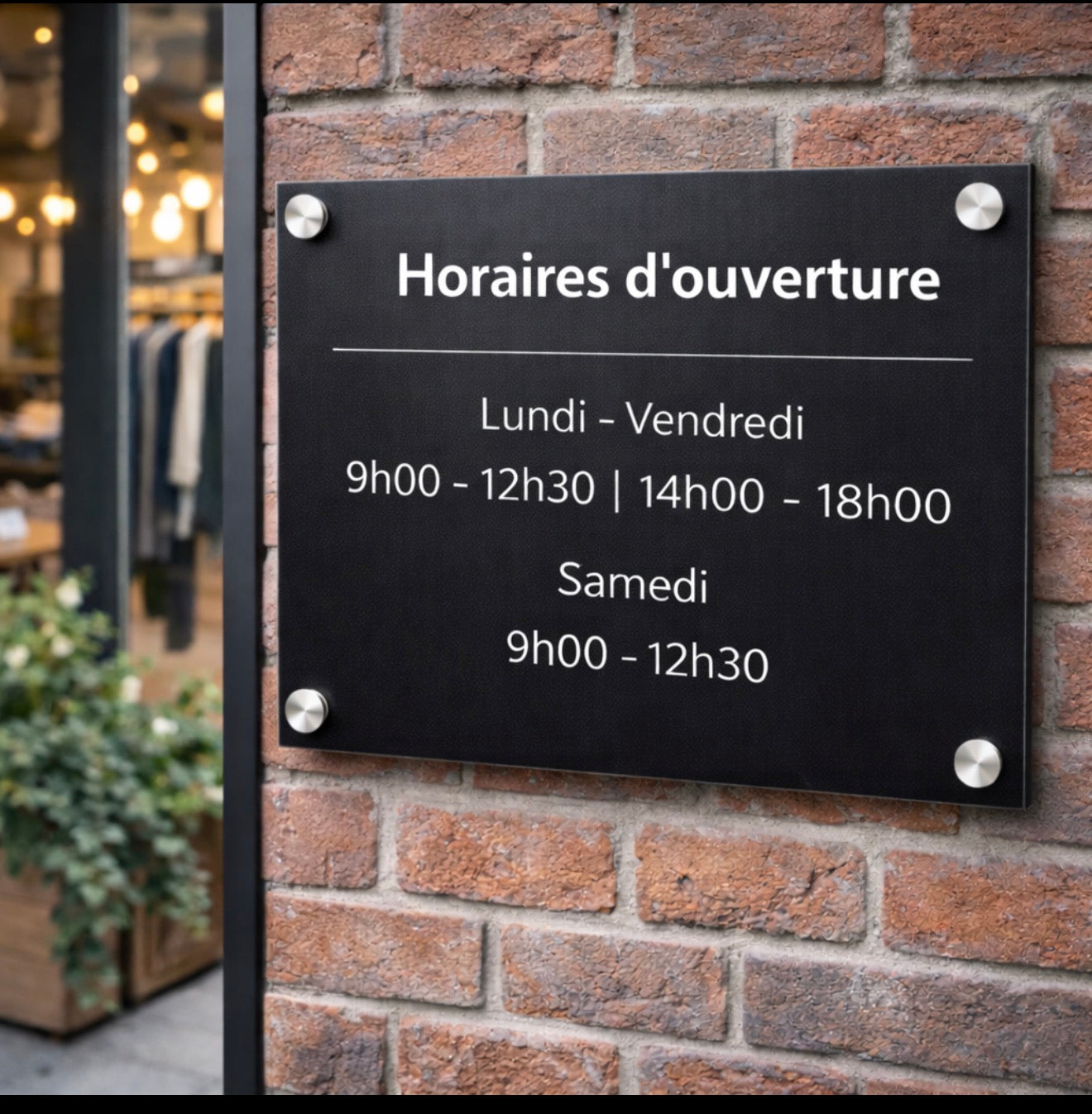 Plaque horaire professionnelle personnalisée – Plexiglas noir & blanc