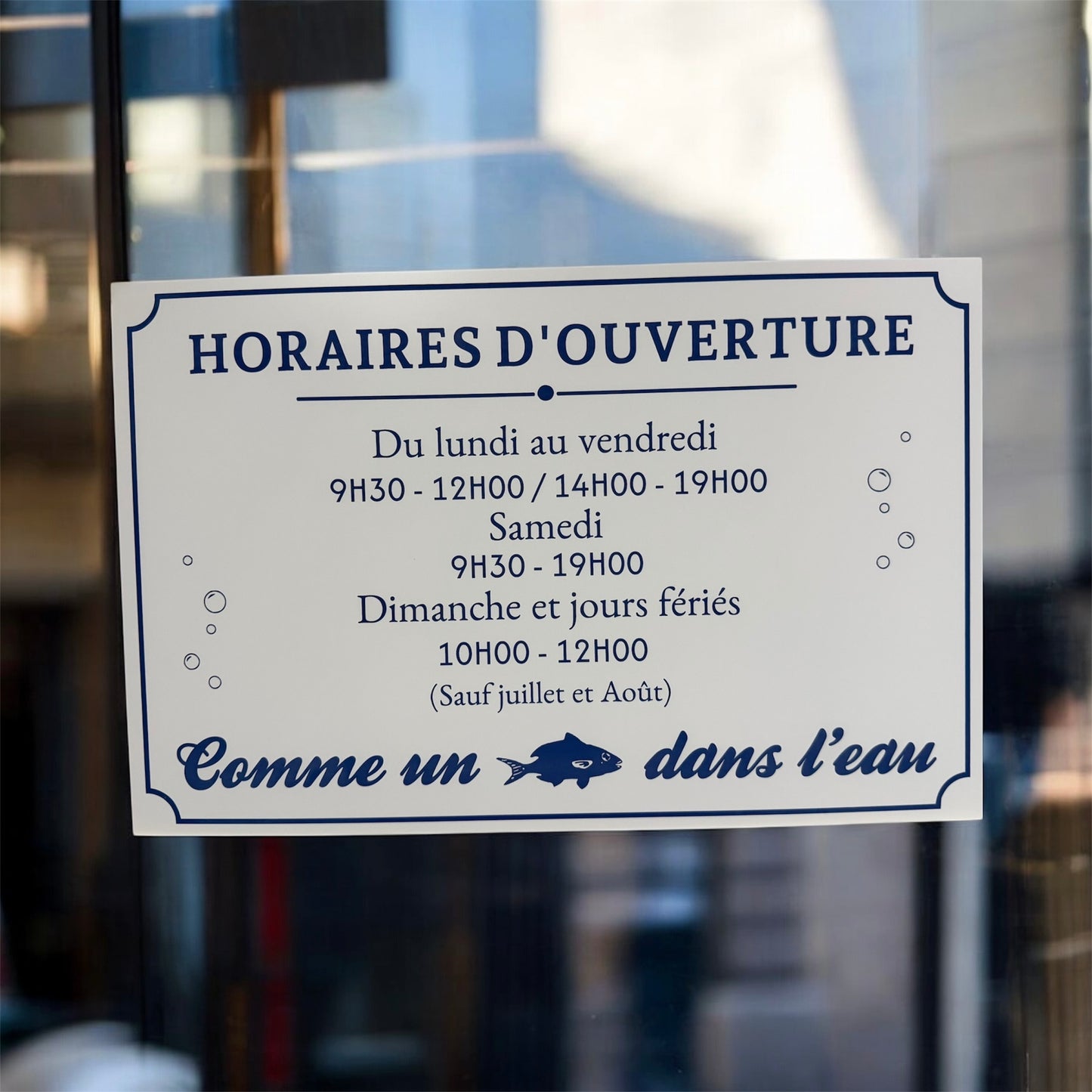 Plaque horaire professionnelle personnalisée – PVC blanc & bleu