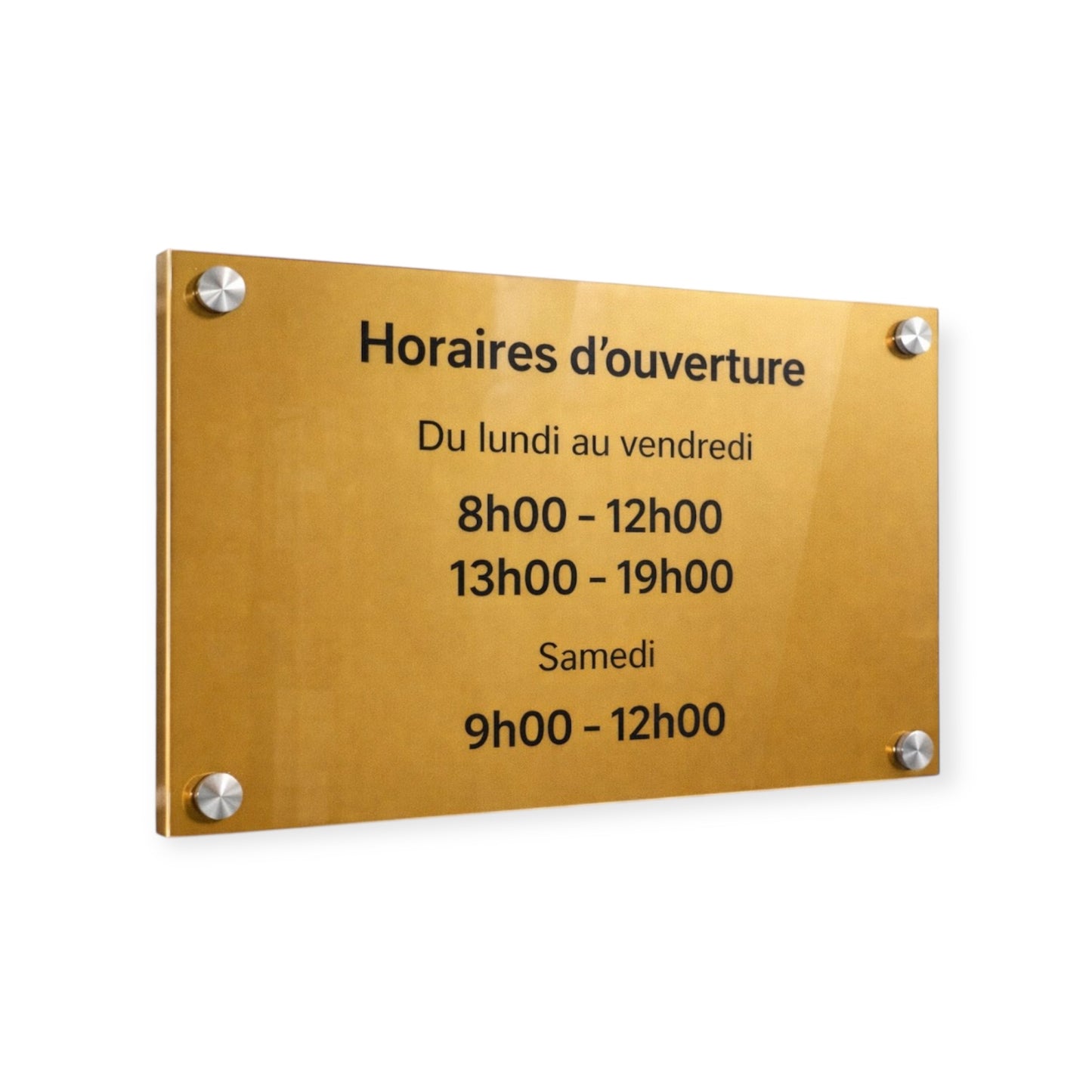 Plaque horaire professionnelle personnalisée – Plexiglas or & noir