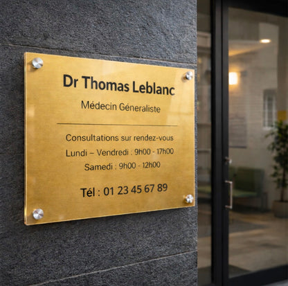 Plaque professionnelle personnalisée – Plexiglas or & noir