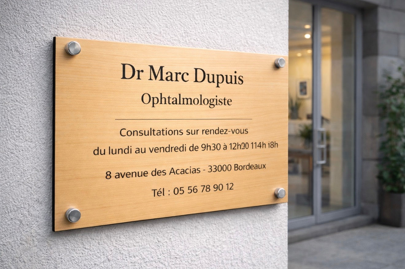 Plaque professionnelle personnalisée – Effet bois érable