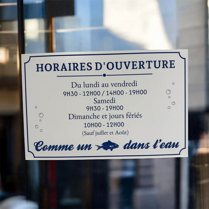 Plaque horaire professionnelle personnalisée – PVC blanc & bleu