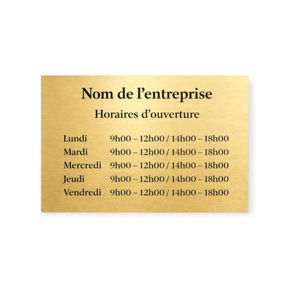 Plaque horaire professionnelle personnalisée – Effet or brossé & noir