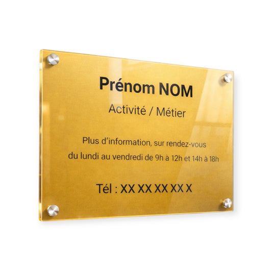 Plaque professionnelle personnalisée – Plexiglas or & noir