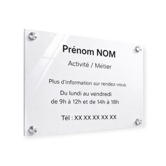 Plaque professionnelle personnalisée – Plexiglas blanc & noir