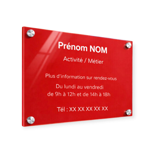 Plaque professionnelle personnalisée – Plexiglas rouge & blanc