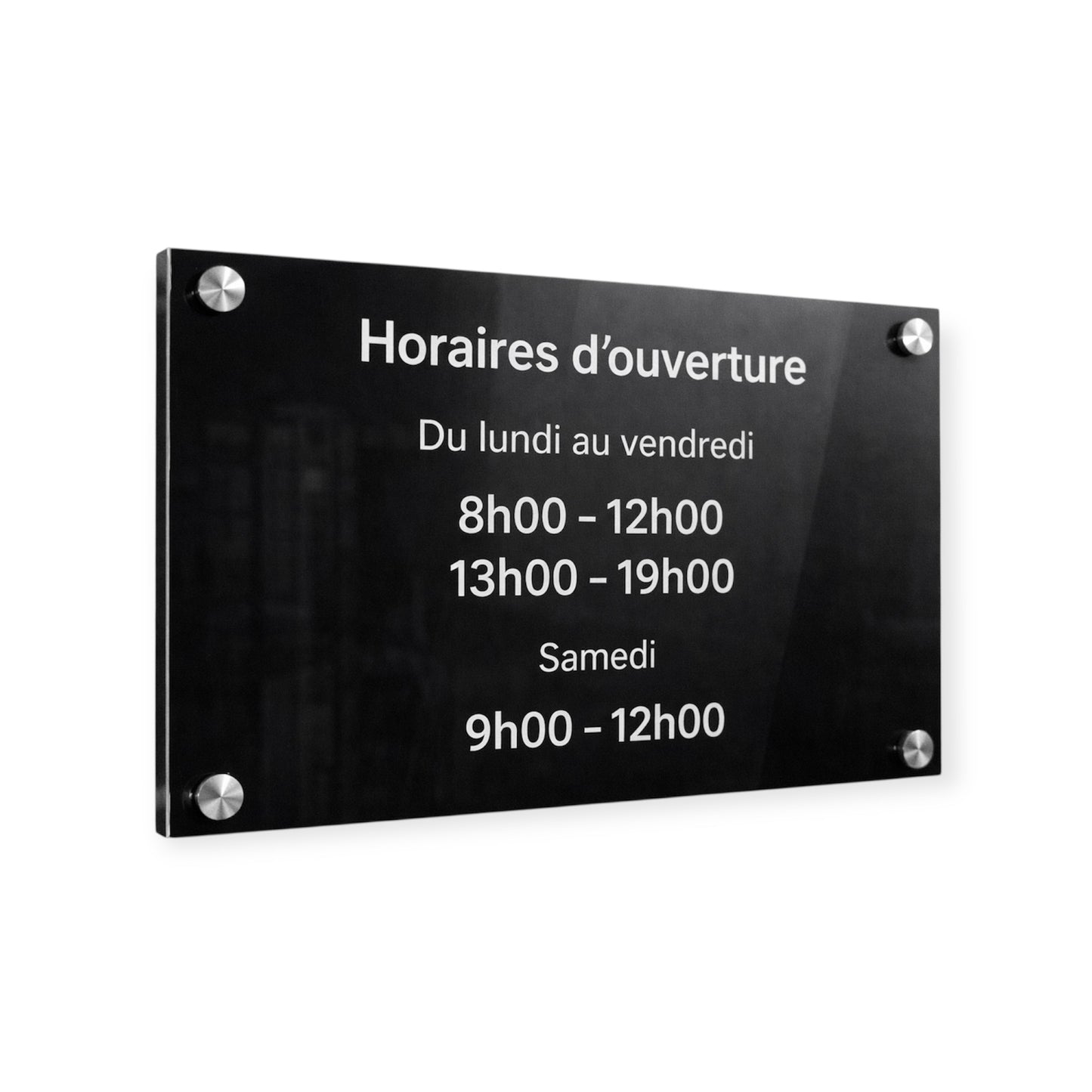 Plaque horaire professionnelle personnalisée – Plexiglas noir & blanc