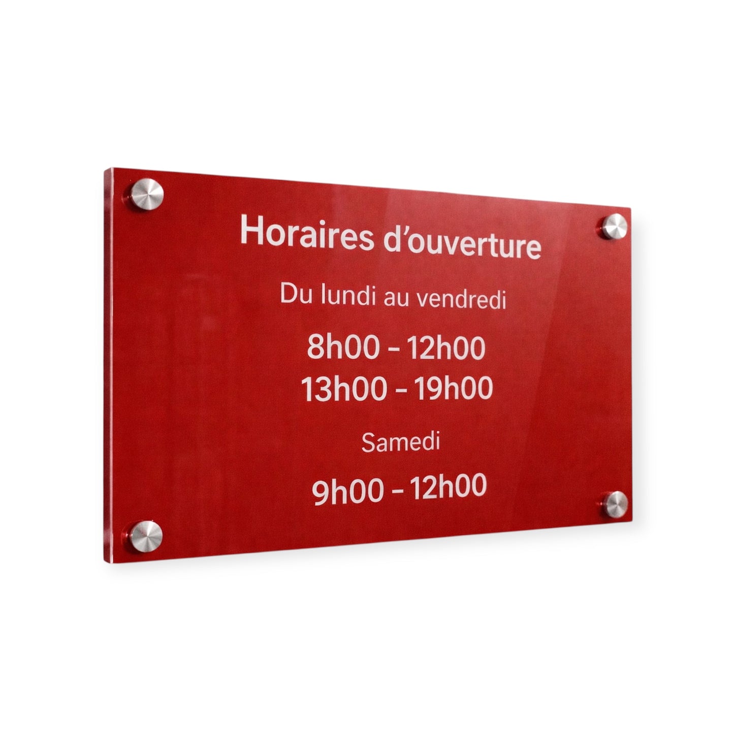 Plaque horaire professionnelle personnalisée – Plexiglas rouge & blanc