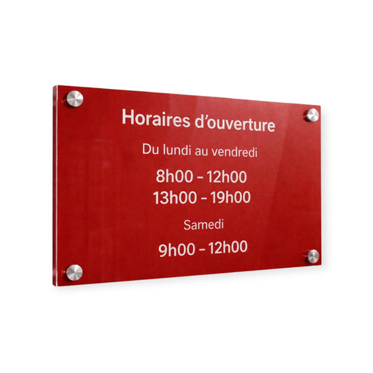 Plaque horaire professionnelle personnalisée – Plexiglas rouge & blanc