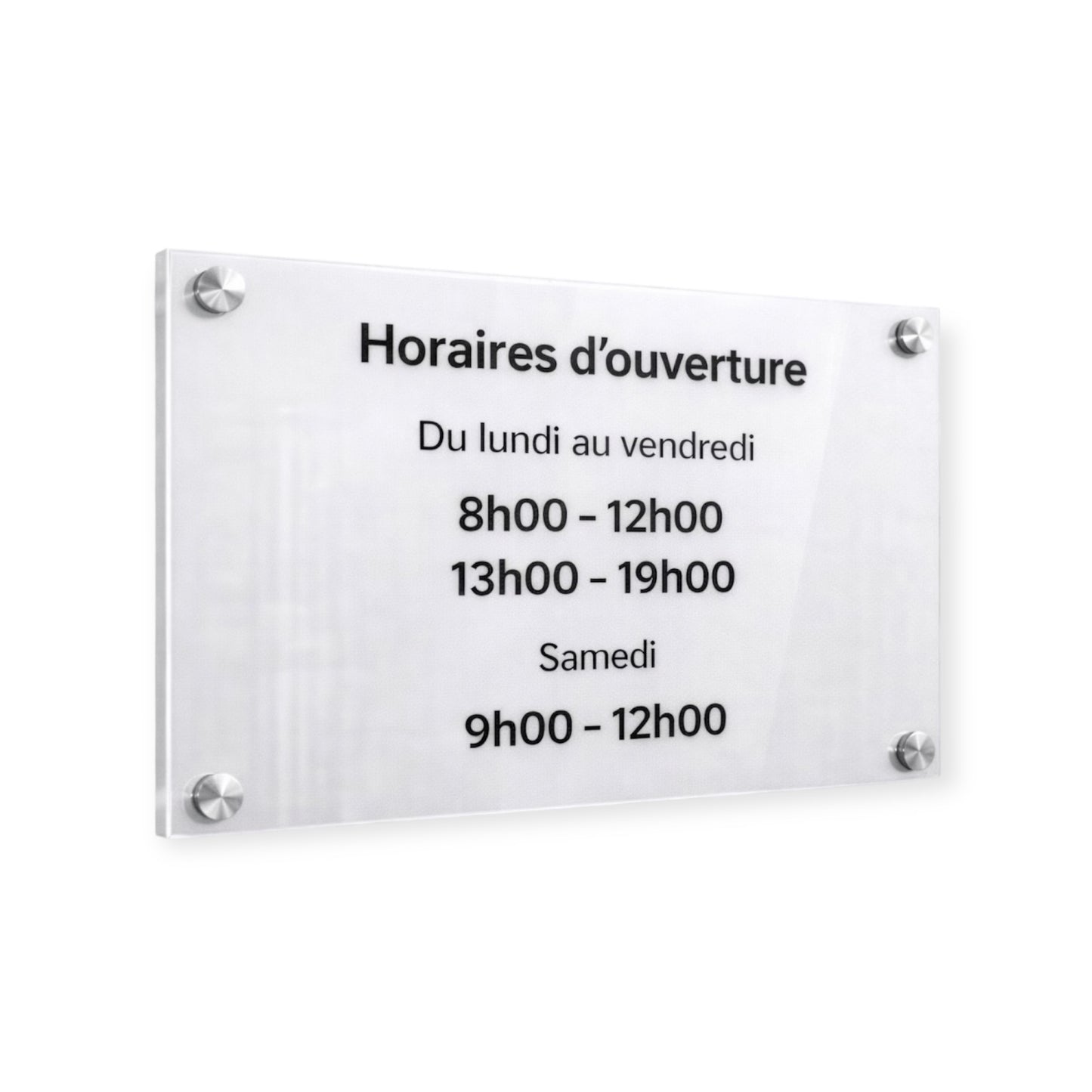 Plaque horaire professionnelle personnalisée – Plexiglas blanc & noir