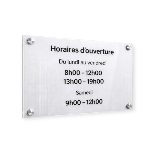 Plaque horaire professionnelle personnalisée – Plexiglas blanc & noir