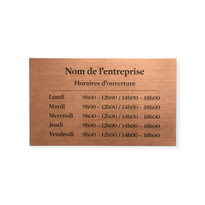 Plaque horaire professionnelle personnalisée – Effet cuivre brossé & noir