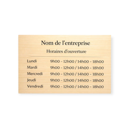 Plaque horaire professionnelle personnalisée – Effet bois érable & noir