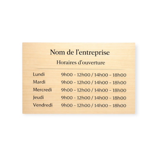 Plaque horaire professionnelle personnalisée – Effet bois érable & noir
