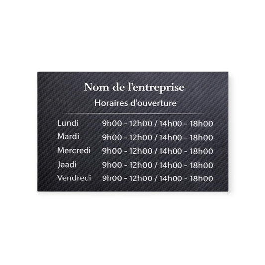 Plaque horaire professionnelle personnalisée – PVC carbone & blanc