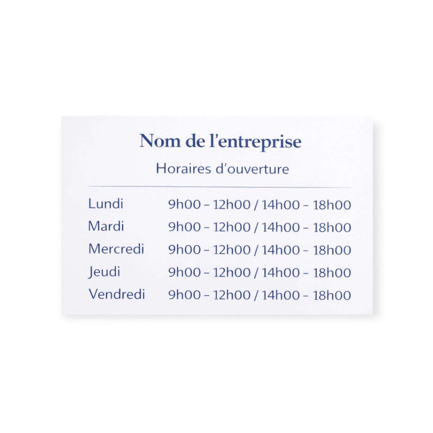 Plaque horaire professionnelle personnalisée – PVC blanc & bleu