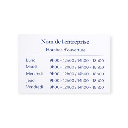 Plaque horaire professionnelle personnalisée – PVC blanc & bleu