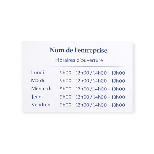 Plaque horaire professionnelle personnalisée – PVC blanc & bleu